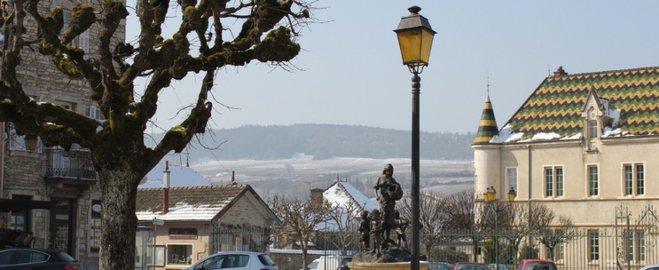 The beauty of the Burgundian roofs in Meursault are enhanced by a dusting of snow in winter