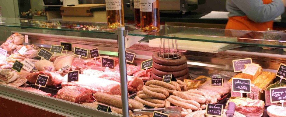 Charcuterie Gaudilliere counter showing Burgundian pork specialities