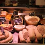 Charcuterie Gaudilliere counter showing Burgundian pork specialities. This shop is local to our house in Puligny Montrachet.