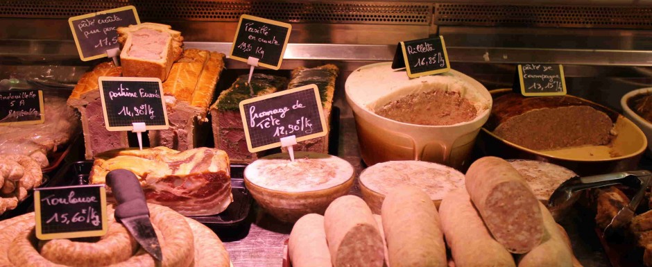 Charcuterie Gaudilliere counter showing Burgundian pork specialities. This shop is local to our house in Puligny Montrachet.
