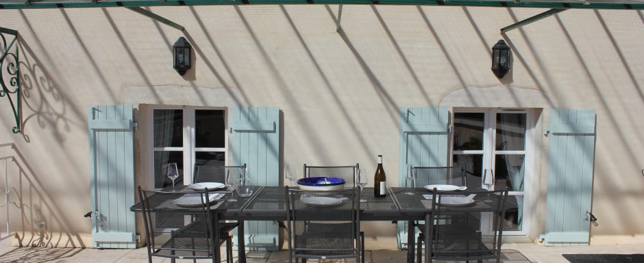 Terrace dining at 10pm, our luxury vacation rental in Puligny-Montrachet, near beaune, Burgundy